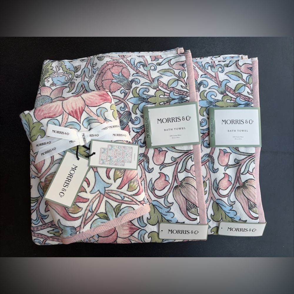 NWT Morris & Co. 4pc Pink Blue Lodden Floral Velour Bath & Hand Towel Set